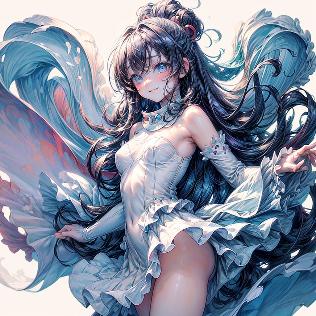 kawaii, cute, ((nude)),new, cg, phantom, transparency, holography, colorful, original, various, Hyper detailed masterpiece, dynamic, great quality, hyper-detailed masterpiece, dynamic, great quality, female magician, happy smile joy, casting, light magic, Sparkling, soft pure white light interspersed with gentle and pale yellow hues, warm, graceful, water, pink, sky, blue eyes, red, bubbles, fire, wind, garlands, soil, white, gem, (flower) petal, palace, fantasy, hip, ring, spark, sweet, cyan, lightning, Glass, crystal, Shoulder, thin, oasis,
(petite), cute, barefoot,
dark blue hair,
(red skin),
black eyes,
very long hair,
open mouth,
(stubby tail),
happy, smile,
(Melusine), curly ears,