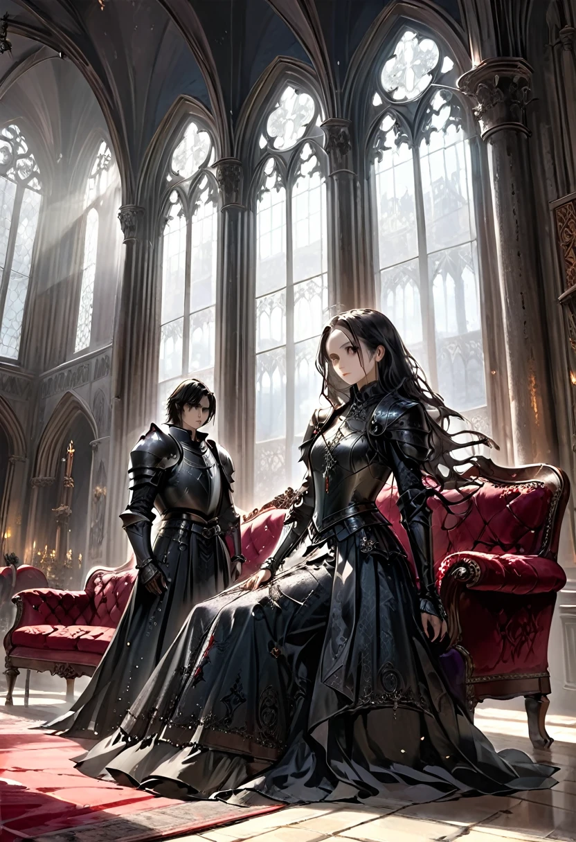 1girl and 1men,princess and knight,gothic-style scene featuring a knight in dark, ornate armor standing next to a woman seated on a luxurious red velvet sofa. The knight’s armor is detailed with intricate engravings, giving it a regal yet foreboding appearance. The woman is dressed in an elegant black Victorian gown, her expression serene and mysterious. The setting is a grand, dimly lit room with tall, arched windows casting soft light on the scene, and the gothic architecture adds to the dark, dramatic atmosphere. The knight stands protectively beside her, soul knight,evoking a sense of power and intensity, "goth girls" style