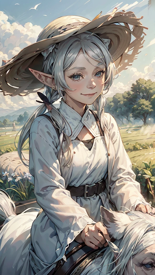 ((Composition from a distance: 1.5))),,((Middle-aged woman))),((Old woman))),((Old woman))),((Woman with elegant wrinkled face))),((Beautiful old woman))),(((Middle of the grassland, riding a horse, smiling with narrowed eyes, holding straw hat in hand: 1.5))),Hyper-realistic,Ultra-realistic,Distortion-free depiction of the human body,Manrisa,Woman with folded arms,Close-up and distant view,Three-dimensional,Contemporary painting,Modern,World masterpieces,Collection,Homage to the art and works of Picasso and Renoir,Not sentimental,Stunning depiction,Gentle expression,More detailed character faces,Serious challenge,Pictorial composition,(Konmutsuki_until_series 1,Punk_Rosette),Realistic,Delicate brushwork,Light blue flower,(Full body,Elegant floral background)Freylen,One girl,(((Long hair: 1.5))), long pointed ears like an elf, (((long silvery white pigtails: 1.5))), jewelry, elf, earrings, capelet, white capelet, black and white striped long sleeve shirt, parted bangs, dress, belt, flower, (16k, 8K, RAW, highest quality, Masterpiece 1.2), Ultra HD, High Resolution, High Quality, Highest Quality, Best Quality, Ultra High Resolution, ---Perfect anatomy, perfect proportions, great lighting, bright and vivid colors, clean lines, blurred, stunning facial expression, gorgeous and cute, beautiful face and eyes with every detail, (masterpiece) beautiful face, young and handsome girl, really perfect skin, blurred, stunning facial expression, restless emotions, gorgeous and cute, beautiful face and eyes with every detail, (depth of field), (depth of field), soft light, shining lens gaze, (droopy eyes), straight teeth, shy smile, flowing hair, a scene from Blake's movie,