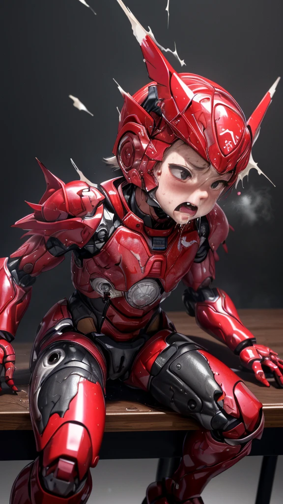 Rough skin, Very detailed, Advanced Details, high quality, 最high quality, High resolution, 1080P 、Bleeding from the wound、Red Armor、Wearing red and black、cute((Serious damage to the whole body))(Wearing a damaged female robot suit...)(Red Armor)(Broken Armor)Black Hair、Glasses　Short Hair、Chiquita、Soaking wet、Open your mouth、Sweaty face、It hurts again、cute、knock down、Droolinging from the mouth、Kindergarten girl　　(Steam coming out of the face) ((Steam from the body)) Sit on a chair　Touching the vagina　Drooling　look up　suffering　Filming locations　Remove the helmet　Ahegao　syncope