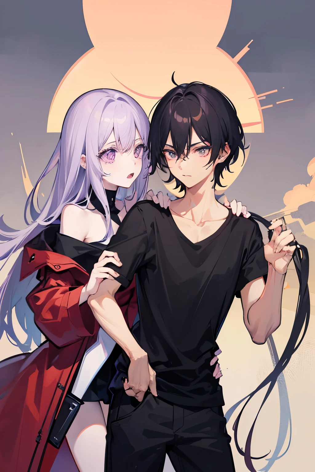 Mulher jovem, loira com cabelos longos, lilac eyes, imagem de alta qualidade, corpo voluptoso, junto com homem alto com ombros largos e peito forte, estilo anime, o homem tem cicatriz de garra na bochecha direita, shoulder-length dark hair and a thin beard, segurando-a pela cintura de forma posessiva
