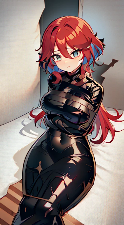 [[[[[solo girl, all alone]]]]]. long red hair, assasin girl, young adult, perfect shape, gorgeous hips, small breast, distressed, backing up from the viewer, cornered, looking away in distress, big shiny black leather boots, [[[[[arms behind the back]]]]], glare, hatred, disgust, perfect body, skinny girl, fallen over, [[[[[lying on the floor]]]]], ready to kill, tight seamless latex tape bondage mummification, mummified in skin tight seamless latex black packing tape