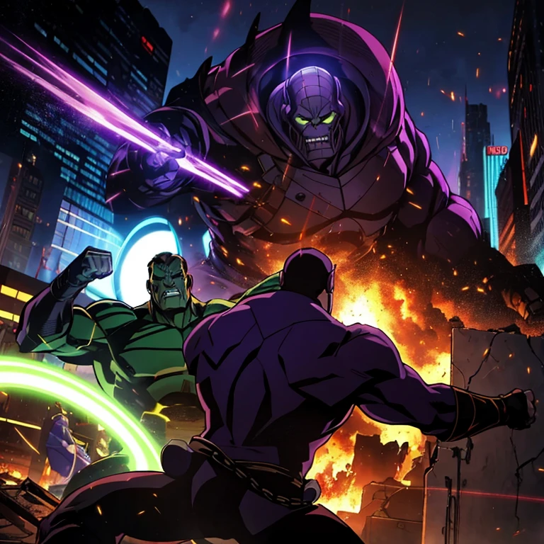 2 adults, The first one is a tall man, Thanos fighting fist to fist with Dr Doom, in a destroyed city, lines of movement, Motion blur, speed lines, cinematic lighting, estilo Western Animation Diffusion