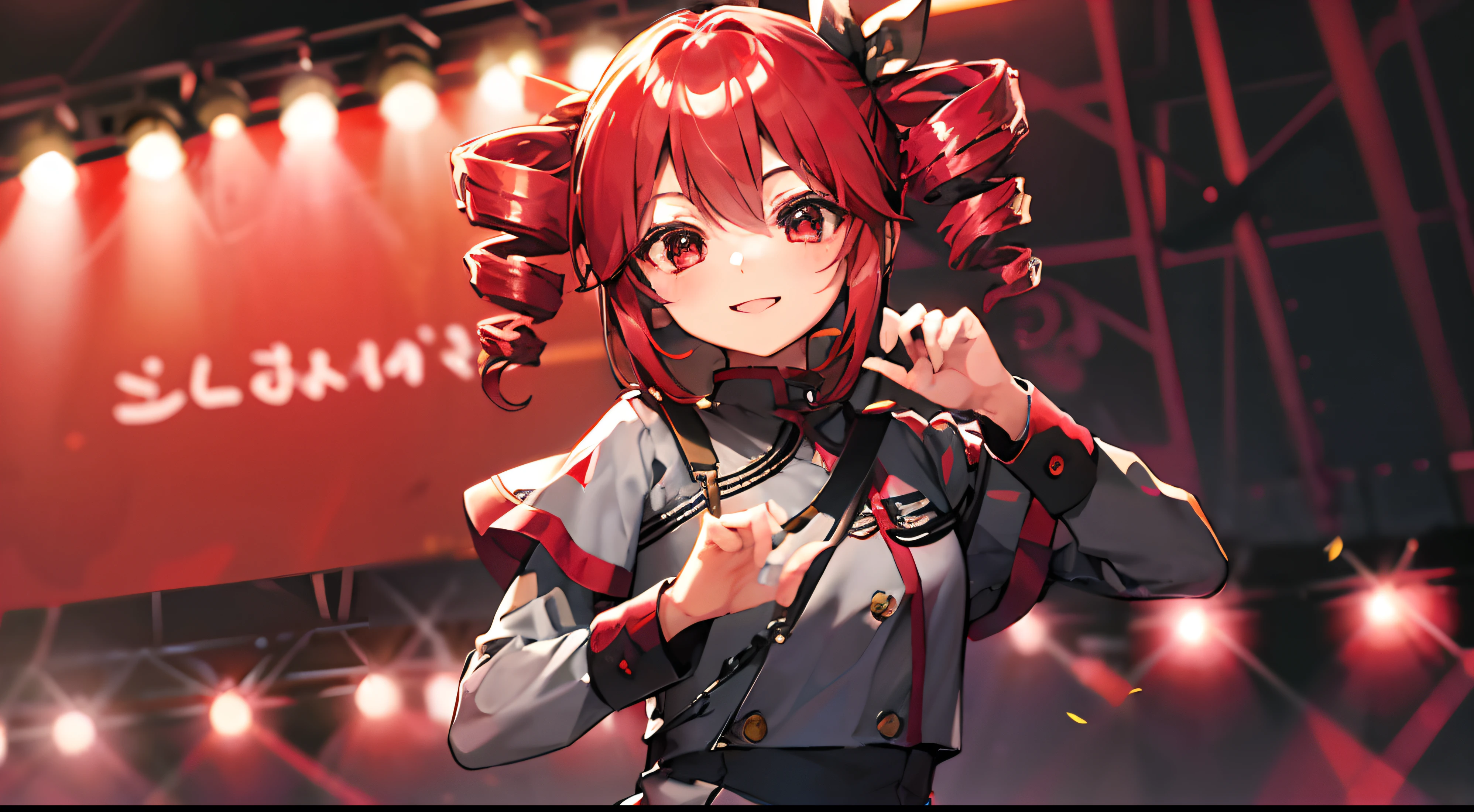 cute、One Girl、high quality、((masterpiece))、Tet、KasaneTeto、Twin Drill Hair、Smile in public、On Stage、Redhead、neat clothes of neat gray color,,,,,,,、Red curly hair like a drill、Red eyes、Idol Pose、refer５Book