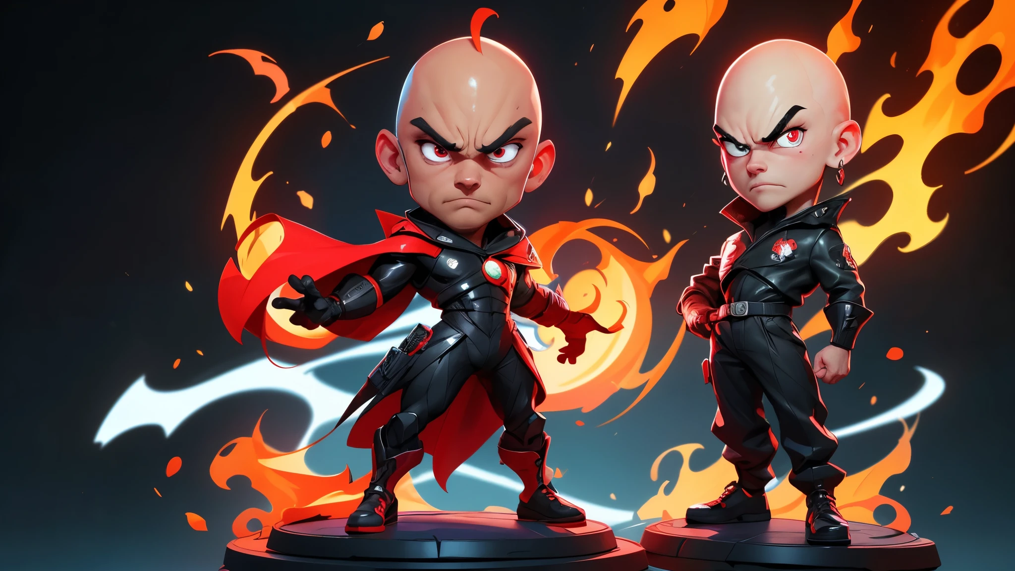 Full body, bald man, 30yo, black suit, red shoes, digital art, vibrant colors, judge, flaming red eyes, X in background, high quality, high definition, cartoon style, caricature