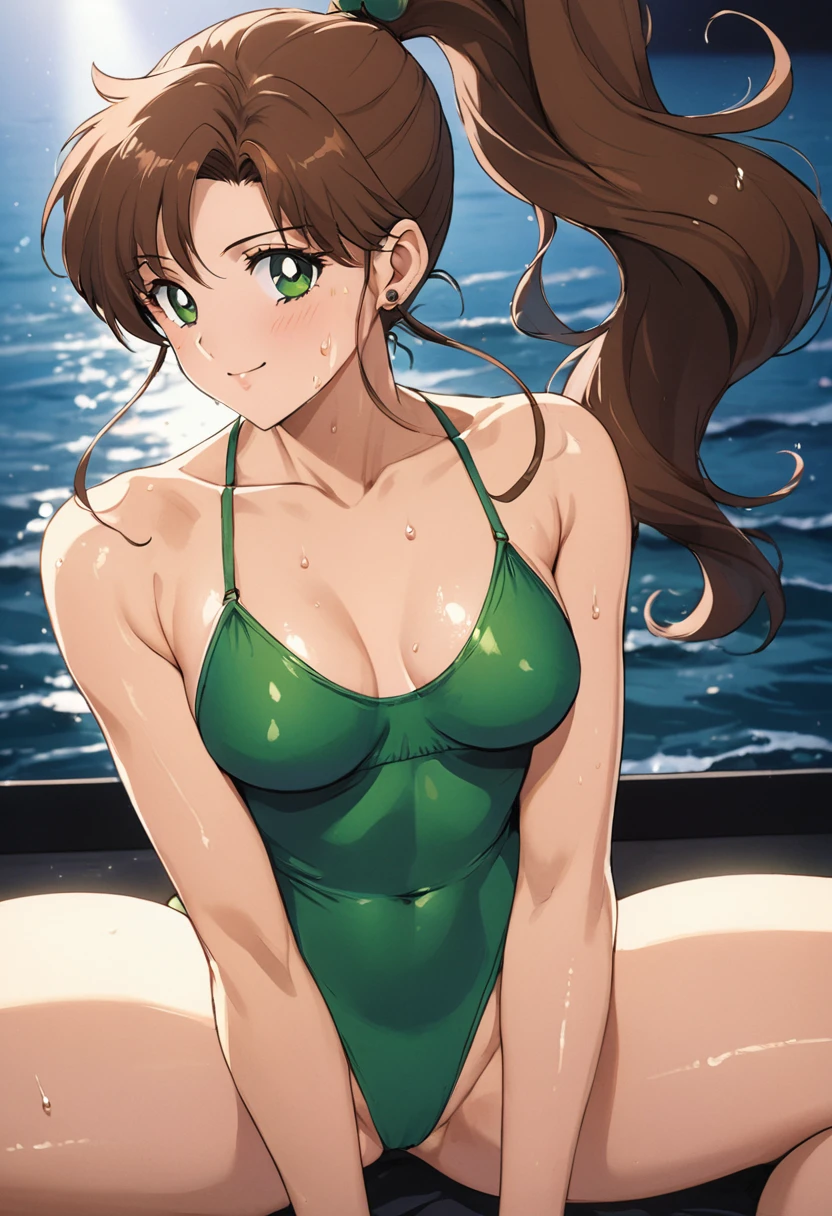 masterpiece, Highest quality, High resolution, (Makoto Kino),30 years old, adult lady, (tall:1.2), fashion model body shape, 1990s \(style\),height: 175cm, Small face,Green swimsuit、green thong swimsuit,(E-cup beautiful breasts)、、Sweating all over the body、Beautiful big 、Muscular、sexy、Sweaty、Configuration from the front、smile、Anime-style painting style,Brown Hair、ponytail、Seductive pose,Composition focusing on the upper body,Cinema Lighting,Super Fine,Best aesthetics,The background is the sea,Beautiful background