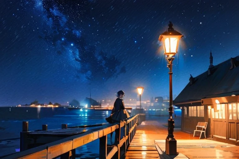 (best quality,highres,masterpiece:1.2),ultra-detailed,In the middle of the night, the pier, the street lights are dotted, the moonlight, (no one is there), the blue light, the starry sky, the shadow of an island with a high mountain beyond the sea, (impression painting)