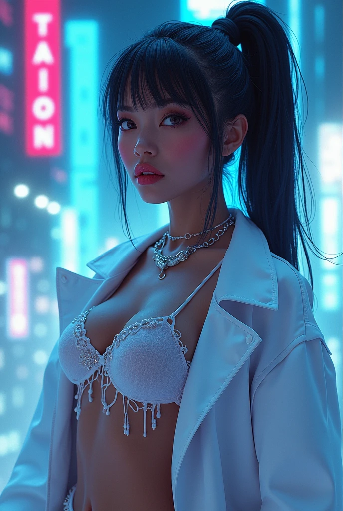 28-year-old woman shot in bustling red light district wide angle environment, dynamic shot, topless clothing, wearing transparent white raincoat, cinematic effect, vibrant, realistic photos, dramatic scenes, dark atmosphere, sharp focus, 8K resolution.