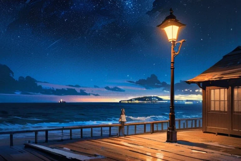 (best quality,highres,masterpiece:1.2),ultra-detailed,In the middle of the night, the pier, the street lights are dotted, the moonlight, (no one is there), the blue light, the starry sky, the shadow of an island with a high mountain beyond the sea, (impression painting)