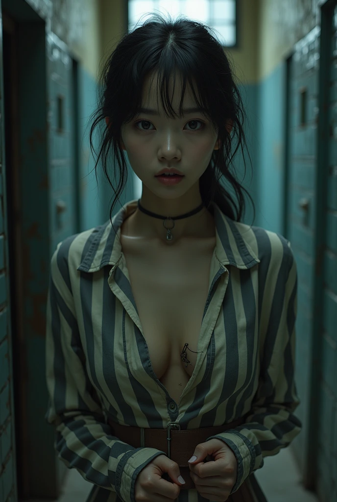 ((Highest quality, 8K, masterpiece :1.3)), Sharp focus :1.2, Beautiful woman with perfect figure :1.4, 1 Girl,Slim Abs :1.2, ((Dark brown hair,chest :1.2)), (White long formal shirt)(Unbutton your shirt.), Gray background:1.2, Highly detailed face and skin texture, fine grain, double eyelid,Beautiful Hands，Five Fingers,Fashion model posing,Full body portrait,Cowboy Shot,jeans,Cast a Shadow, With my hands tied,Handcuffed over the head, Handcuffs,Hanging from the ceiling by both hands