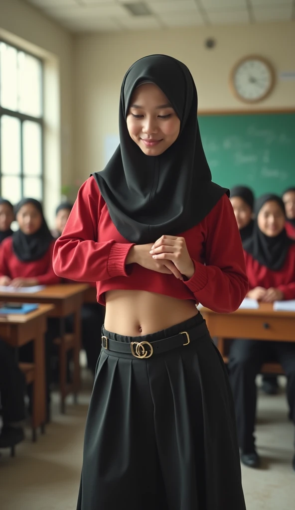 Highly detailed eyes, very detailed face, very beautiful wife, best quality, ultra-detailed (photorealistic), very delicate and beautiful legs, chest-hugging,bad_picture,student clothes and panties outfit,super big breast,(D cup),very detailed facial happy expression,beautiful eyes,brown hair,school,in schoolroom,hijab,sexy,student reading  book  in class,on the table,full body,