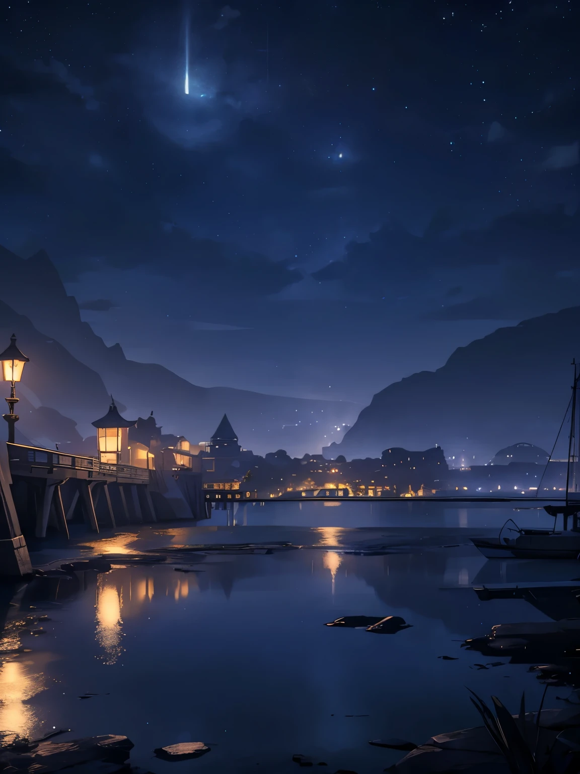 (best quality,highres,masterpiece:1.2),ultra-detailed,A serene night scene, a pier under a starry sky, street lamps casting a soft glow, the moonlight reflecting on the still waters, an island silhouette in the distance, dramatic shadows and highlights, a peaceful, atmospheric landscape, (no people), moody blue tones, dramatic lighting, detailed 3D rendering, masterpiece