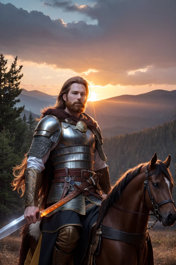 A male warrior ginger hair with short beard riding on a horse, holding A sword with Star of David Symbol, illuminated by a fiery orange aura that highlights intricate golden designs on the blade and hilt; rugged expression, dark tousled hair flowing freely, clad in elaborate metallic Armor with a dark cloak draping over his back; misty twilight forest background with dark looming trees, smoky ethereal air, glowing embers and sparks around; earthy browns, oranges, and golds dominate the scene, volumetric lighting, shot on Sony A7S III, f/ 9. 0, 1/ 500, sharp focus 64k unsaturated , masterpiece, best quality, ultra detailed sharp focus, dramatic, award winning, cinematic lighting, , volumetrics dtx, (film grain, blurry background, blurry foreground, bokeh, depth of field, sunrise, interaction, Perfect chainmail)--photorealistic, (best quality 128k,highres,masterpiece:1.2),ultra-detailed,(realistic,photorealistic,photo-realistic:1.37),realistic skin texture,{{{ UHD detailed eyes}}} and lips, beautiful detailed face, long eyelashes, smooth skin, natural body