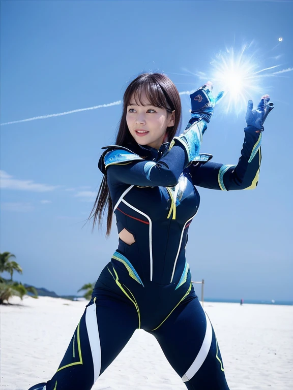 ((Highest quality、8k、masterpiece:1.3))、Realistic, Sharp focus, High resolution, High resolution,  alone, Full body photography、Japanese, Beautiful woman,Combat Suit、Release of power、Bursting energy、Lightning Dress、,kamehameha