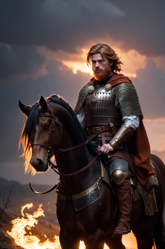 A male warrior ginger hair with short beard riding on a horse, holding A sword with Star of David Symbol, illuminated by a fiery orange aura that highlights intricate golden designs on the blade and hilt; rugged expression, dark tousled hair flowing freely, clad in elaborate metallic Armor with a dark cloak draping over his back; misty twilight forest background with dark looming trees, smoky ethereal air, glowing embers and sparks around; earthy browns, oranges, and golds dominate the scene, volumetric lighting, shot on Sony A7S III, f/ 9. 0, 1/ 500, sharp focus 64k unsaturated , masterpiece, best quality, ultra detailed sharp focus, dramatic, award winning, cinematic lighting, , volumetrics dtx, (film grain, blurry background, blurry foreground, bokeh, depth of field, sunrise, interaction, Perfect chainmail)--photorealistic, (best quality 128k,highres,masterpiece:1.2),ultra-detailed,(realistic,photorealistic,photo-realistic:1.37),realistic skin texture,{{{ UHD detailed eyes}}} and lips, beautiful detailed face, long eyelashes, smooth skin, natural body