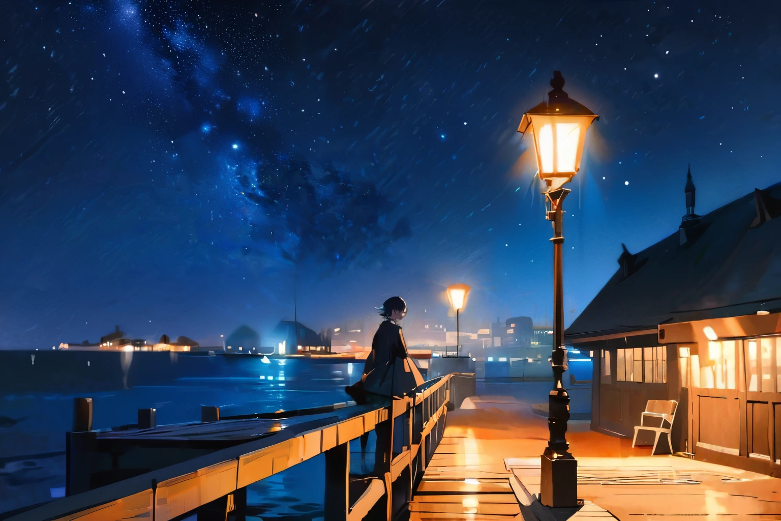 (best quality,highres,masterpiece:1.2),ultra-detailed,In the middle of the night, the pier, the street lights are dotted, the moonlight, (no one is there), the blue light, the starry sky, the shadow of an island with a high mountain beyond the sea, (impression painting)