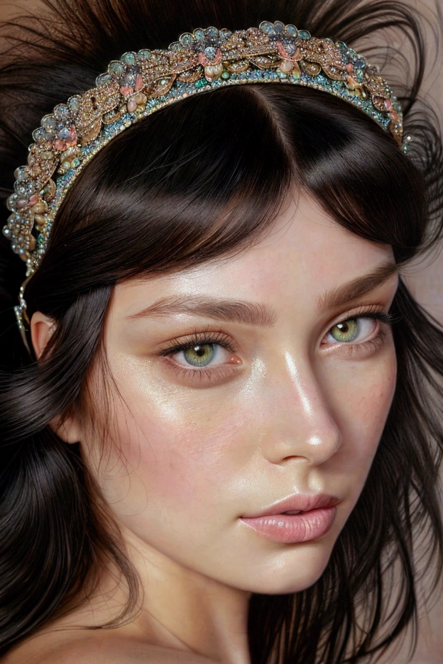 photorealist, lipgloss, chart, realist, Best Quality, ultra high resolution, depth, pastel color, Natural shading, Focus on face, face only, looking at the viewer, by the wide, hair accessory, black fur, brown, well-detailed eyes, dress