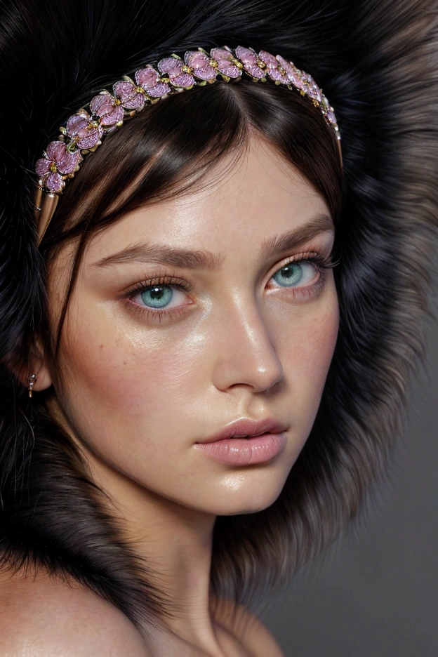 photorealist, lipgloss, chart, realist, Best Quality, ultra high resolution, depth, pastel color, Natural shading, Focus on face, face only, looking at the viewer, by the wide, hair accessory, black fur, brown, well-detailed eyes, dress