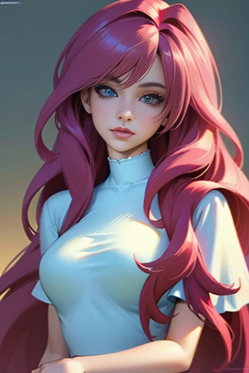 a  girl with long magenta hair,extremely detailed eyes and face,detailed breasts,beautiful detailed lips,longeyelashes,wearing a white shirt,(best quality,4k,8k,highres,masterpiece:1.2),ultra-detailed,(realistic,photorealistic,photo-realistic:1.37),HDR,UHD,vivid colors,studio lighting,extremely detailed,portrait