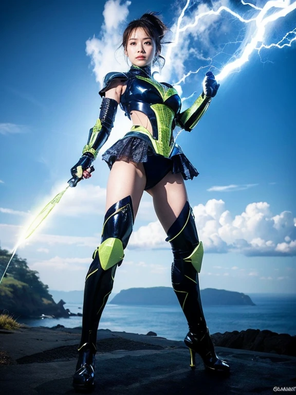 ((Highest quality、8k、masterpiece:1.3))、Realistic, Sharp focus, High resolution, High resolution,  alone, Full body photography、Japanese, Beautiful woman,Bikini Armor、Release of power、Bursting energy、Lightning Dress、,kamehameha