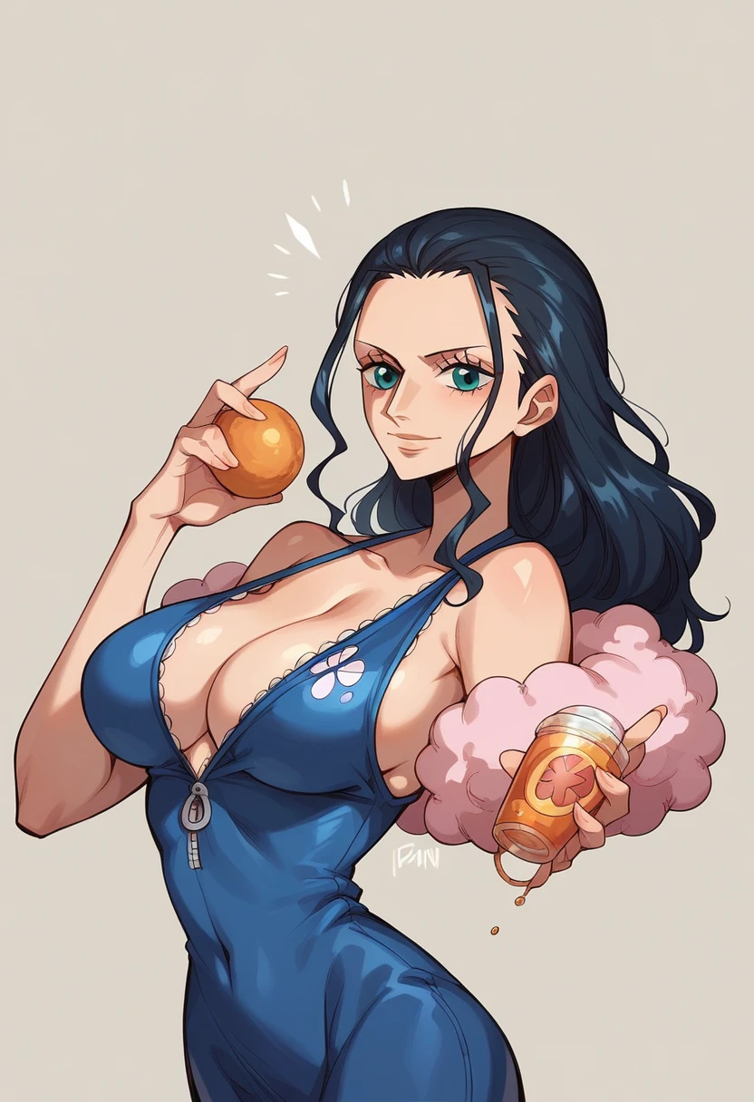 Nico Robin from One Piece, One piece style, large breasts, open mouth, giant tongue, long uvula, smile