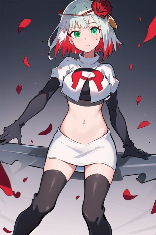 1girl,cosette schneider, Destiny,red flower, hair ornament, red rose, hair flower, short hair, green eyes,multicolored hair,team rocket,team rocket uniform,white skirt,red letter R,crop top,black thigh-highs,black elbow gloves