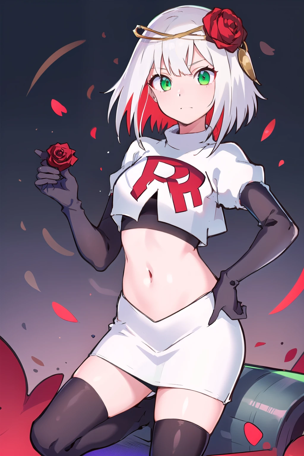 1girl,cosette schneider, Destiny,red flower, hair ornament, red rose, hair flower, short hair, green eyes,multicolored hair,team rocket,team rocket uniform,white skirt,red letter R,crop top,black thigh-highs,black elbow gloves