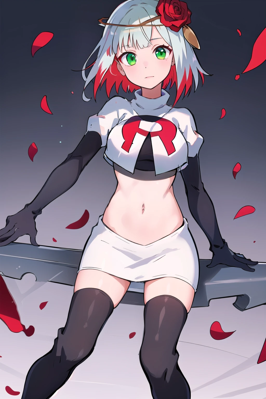 1girl,cosette schneider, Destiny,red flower, hair ornament, red rose, hair flower, short hair, green eyes,multicolored hair,team rocket,team rocket uniform,white skirt,red letter R,crop top,black thigh-highs,black elbow gloves