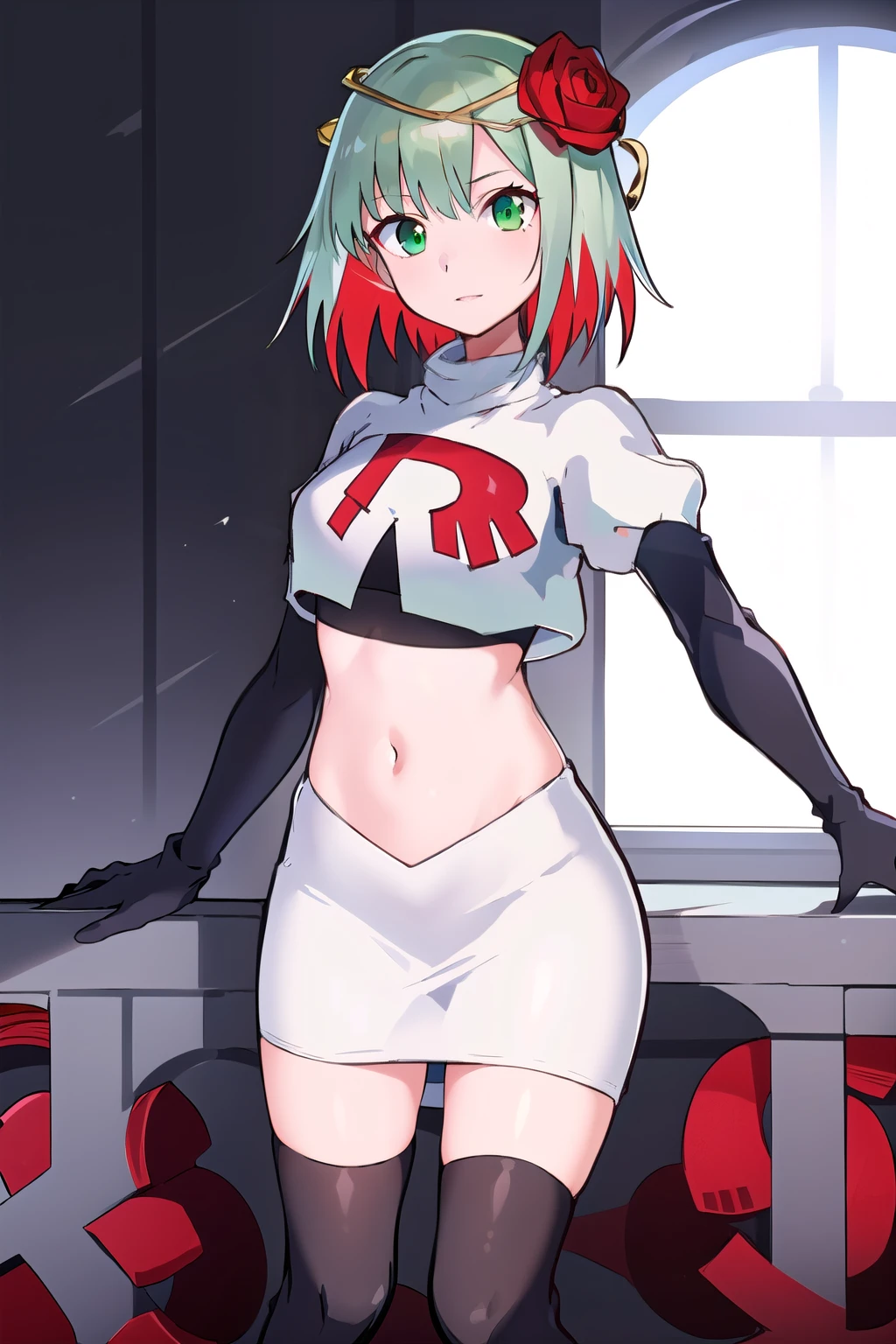 1girl,cosette schneider, Destiny,red flower, hair ornament, red rose, hair flower, short hair, green eyes,multicolored hair,team rocket,team rocket uniform,white skirt,red letter R,crop top,black thigh-highs,black elbow gloves