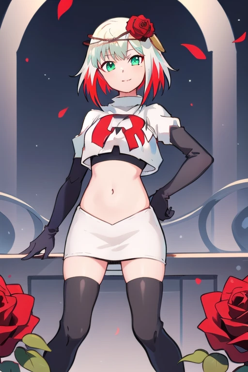 1girl,cosette schneider, Destiny,red flower, hair ornament, red rose, hair flower, short hair, green eyes,multicolored hair,team rocket,team rocket uniform,white skirt,red letter R,crop top,black thigh-highs,black elbow gloves