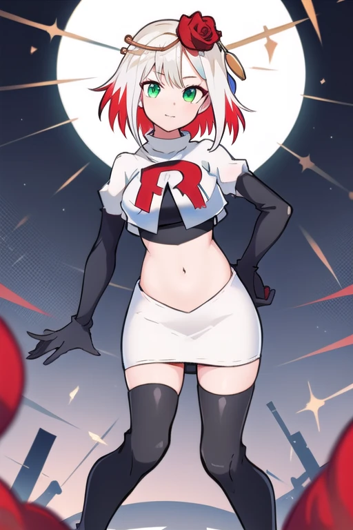 1girl,cosette schneider, Destiny,red flower, hair ornament, red rose, hair flower, short hair, green eyes,multicolored hair,team rocket,team rocket uniform,white skirt,red letter R,crop top,black thigh-highs,black elbow gloves