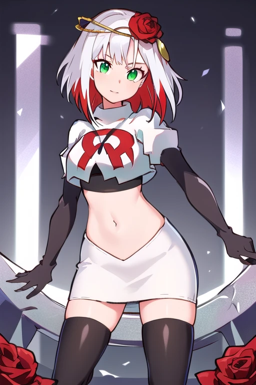 1girl,cosette schneider, Destiny,red flower, hair ornament, red rose, hair flower, short hair, green eyes,multicolored hair,team rocket,team rocket uniform,white skirt,red letter R,crop top,black thigh-highs,black elbow gloves