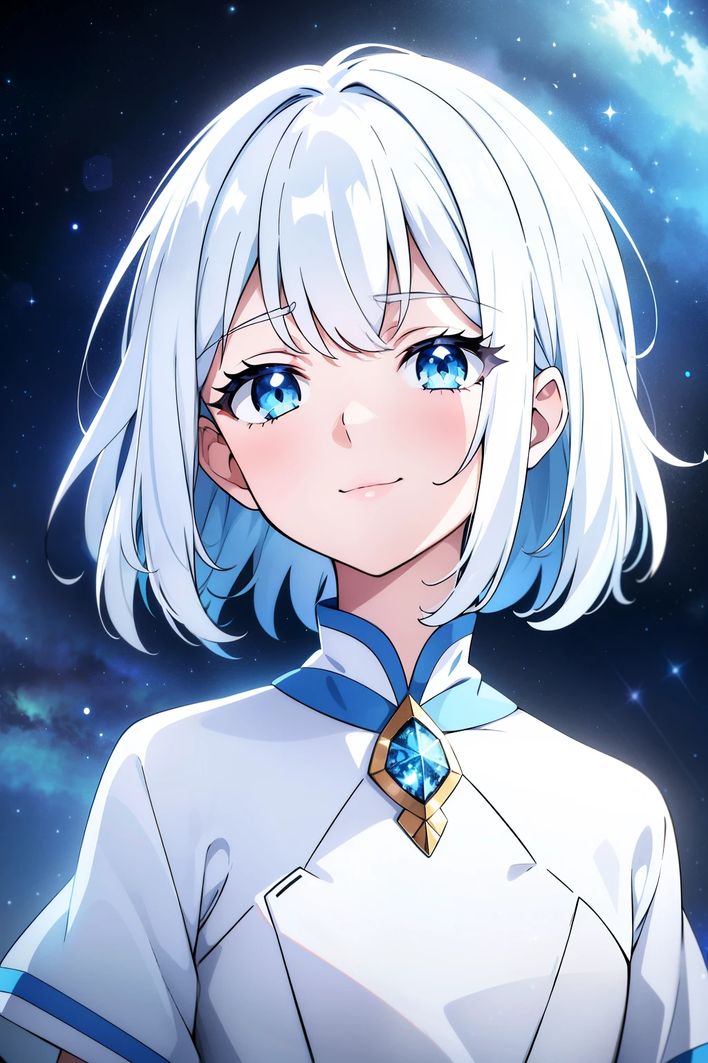 (high-quality, breathtaking),(expressive eyes, perfect face) 1girl, female, solo, kid, short height, medium hair length, white hair color, soft wave, bright blue eye color, nebula background, positive expression, cute smile, starry night background, white dress with blue trim, really pale silver white skin, stars on skin, constellations, white hair like starlight, glowing hair, Symmetrical Eye
