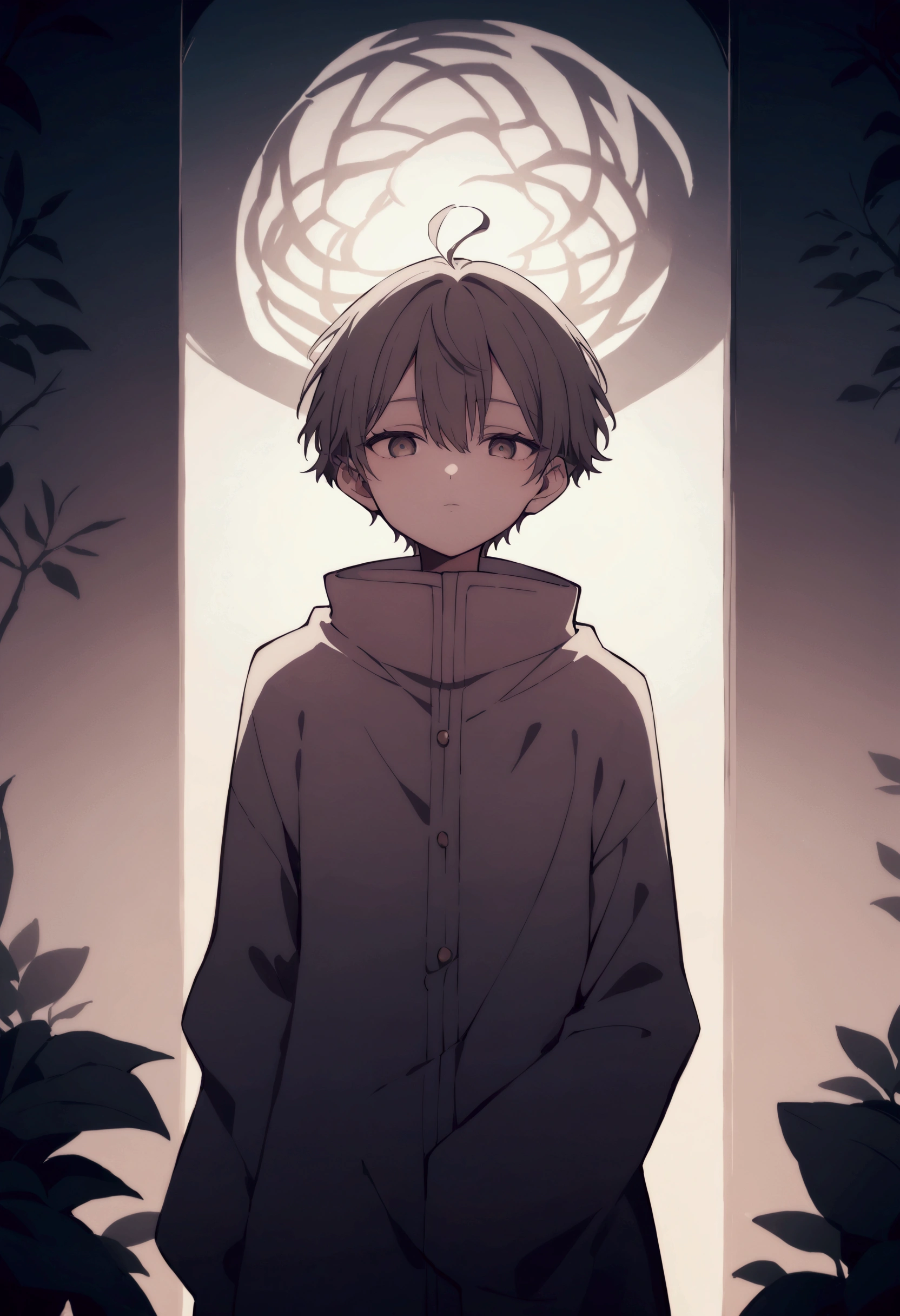 Create an image of a male VTuber character who is introspective, sensitive, creative, and philosophical. The character should have a gentle and soothing appearance, with a calm and wise aura. His expression should be thoughtful, with deep, expressive eyes that reflect a rich inner world. His outfit should be stylish yet simple, with elements that flow softly and are in darker or muted tones, avoiding any bright or vibrant colors. The design should incorporate VTuber aesthetics, with a focus on clean lines and an anime-inspired look. The background should be dimly lit or feature a subdued setting, like a quiet forest at dusk or a tranquil room with soft, warm lighting. The overall mood should convey tranquility, wisdom, and a touch of mystery, with the character's appearance and surroundings embracing a darker, more serene palette