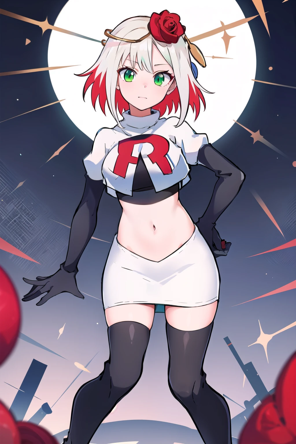 1girl,cosette schneider, Destiny,red flower, hair ornament, red rose, hair flower, short hair, green eyes,multicolored hair,team rocket,team rocket uniform,white skirt,red letter R,crop top,black thigh-highs,black elbow gloves