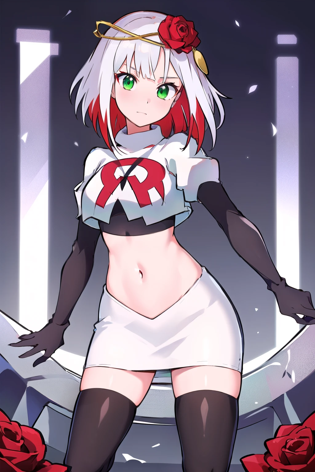 1girl,cosette schneider, Destiny,red flower, hair ornament, red rose, hair flower, short hair, green eyes,multicolored hair,team rocket,team rocket uniform,white skirt,red letter R,crop top,black thigh-highs,black elbow gloves