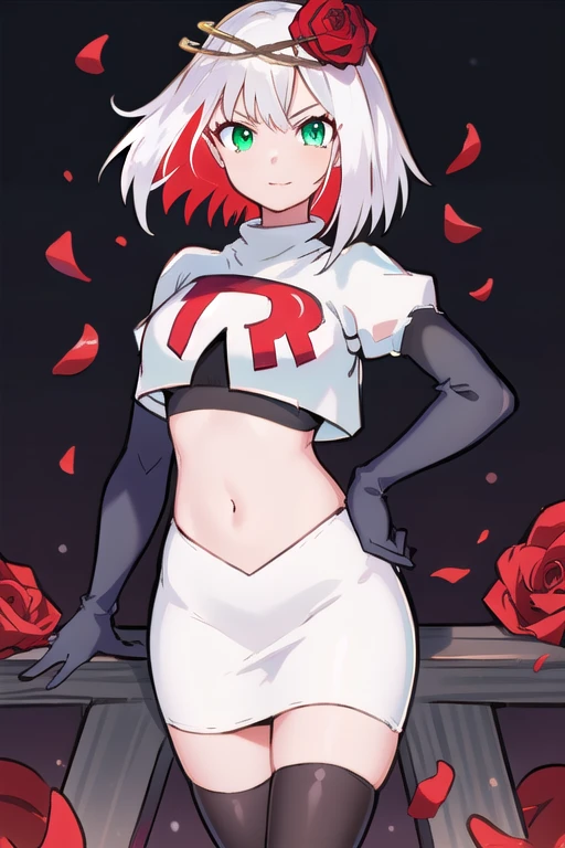 1girl,cosette schneider, Destiny,red flower, hair ornament, red rose, hair flower, short hair, green eyes,multicolored hair,team rocket,team rocket uniform,white skirt,red letter R,crop top,black thigh-highs,black elbow gloves