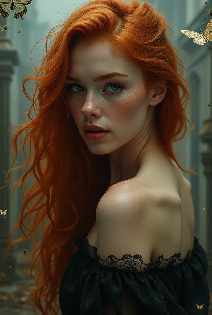 (solo, full body photo:1.3), (action packed:1.3), (haze, fog, mist:1.3), chiaroscuro, best quality, photorealistic, 1woman, (cute), (24yo:1.2), redhead, long ginger hair highly detailed, 1700'S, digital photography, art by artgerm and ruan jia and greg rutkowski surreal painting gold butterfly filigree, broken glass, (masterpiece, sidelighting, finely detailed Fashionable eyes: 1.2) (perfect oval large eyes that gazes at the viewer), beautiful detailed face, blue gorgeous perfect eyes, (blonde hair ponytail), (attractive young woman:1.3), (thick amazing hair), (seductive:1.1), (blushing:1.1)