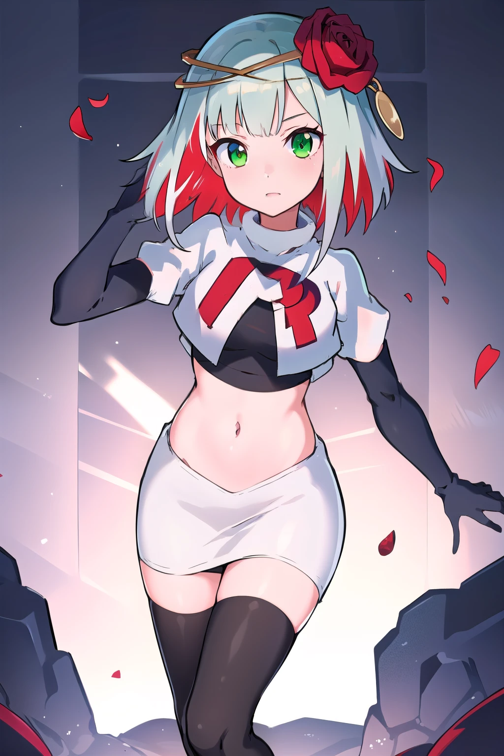 1girl,cosette schneider, Destiny,red flower, hair ornament, red rose, hair flower, short hair, green eyes,multicolored hair,team rocket,team rocket uniform,white skirt,red letter R,crop top,black thigh-highs,black elbow gloves