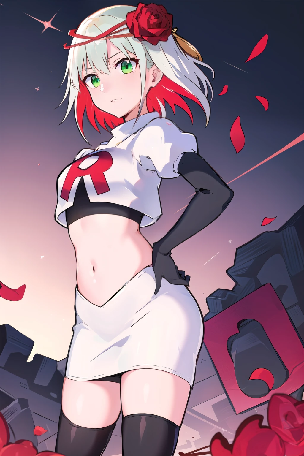 1girl,cosette schneider, Destiny,red flower, hair ornament, red rose, hair flower, short hair, green eyes,multicolored hair,team rocket,team rocket uniform,white skirt,red letter R,crop top,black thigh-highs,black elbow gloves