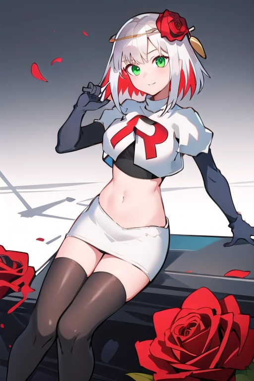 1girl,cosette schneider, Destiny,red flower, hair ornament, red rose, hair flower, short hair, green eyes,multicolored hair,team rocket,team rocket uniform,white skirt,red letter R,crop top,black thigh-highs,black elbow gloves