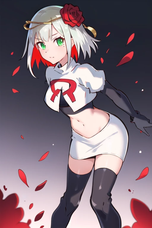 1girl,cosette schneider, Destiny,red flower, hair ornament, red rose, hair flower, short hair, green eyes,multicolored hair,team rocket,team rocket uniform,white skirt,red letter R,crop top,black thigh-highs,black elbow gloves