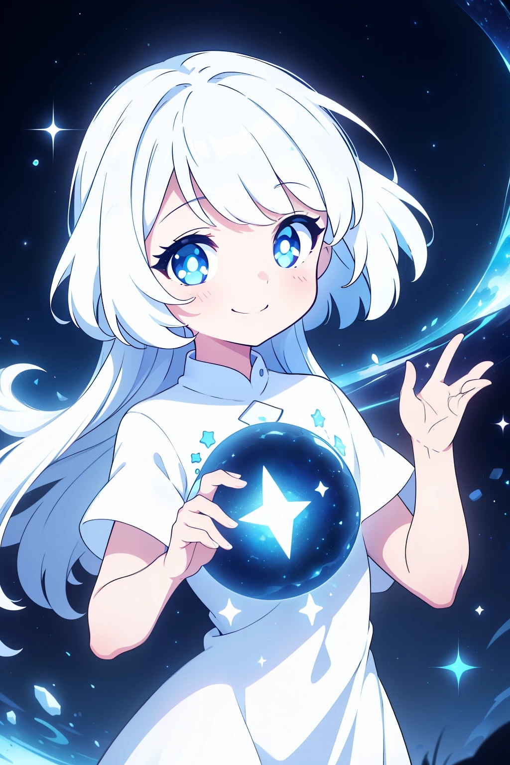 (high-quality, breathtaking),(expressive eyes, perfect face) 1girl, female, solo, short height, long hair length, white hair color, soft wave, bright blue eye color, nebula background, positive expression, cute smile, starry night background, white dress with blue trim, really pale white skin, white hair like starlight, glowing hair, Symmetrical Eye, nebula sky, floating stars bioluminescent water, cowboy shot