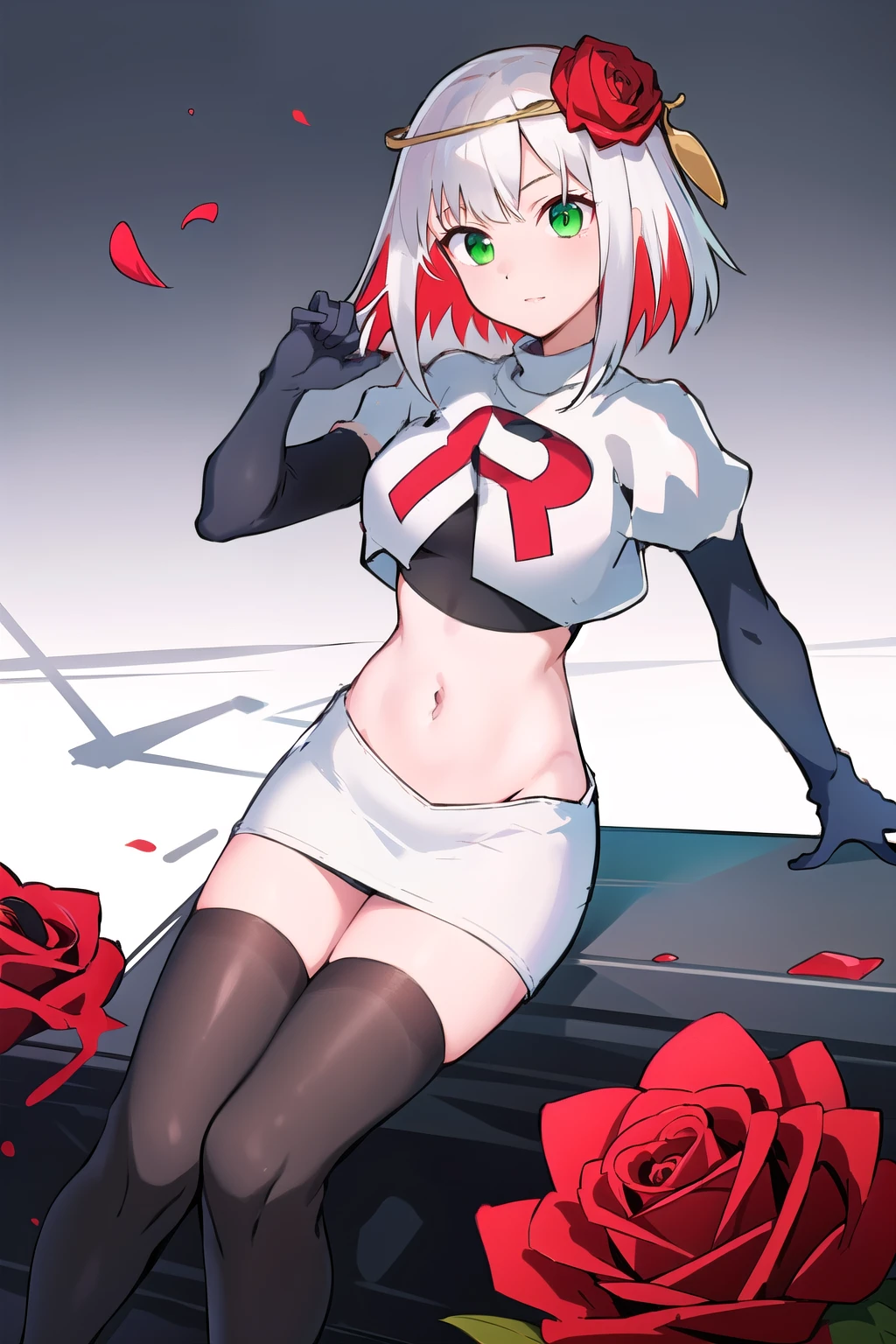 1girl,cosette schneider, Destiny,red flower, hair ornament, red rose, hair flower, short hair, green eyes,multicolored hair,team rocket,team rocket uniform,white skirt,red letter R,crop top,black thigh-highs,black elbow gloves