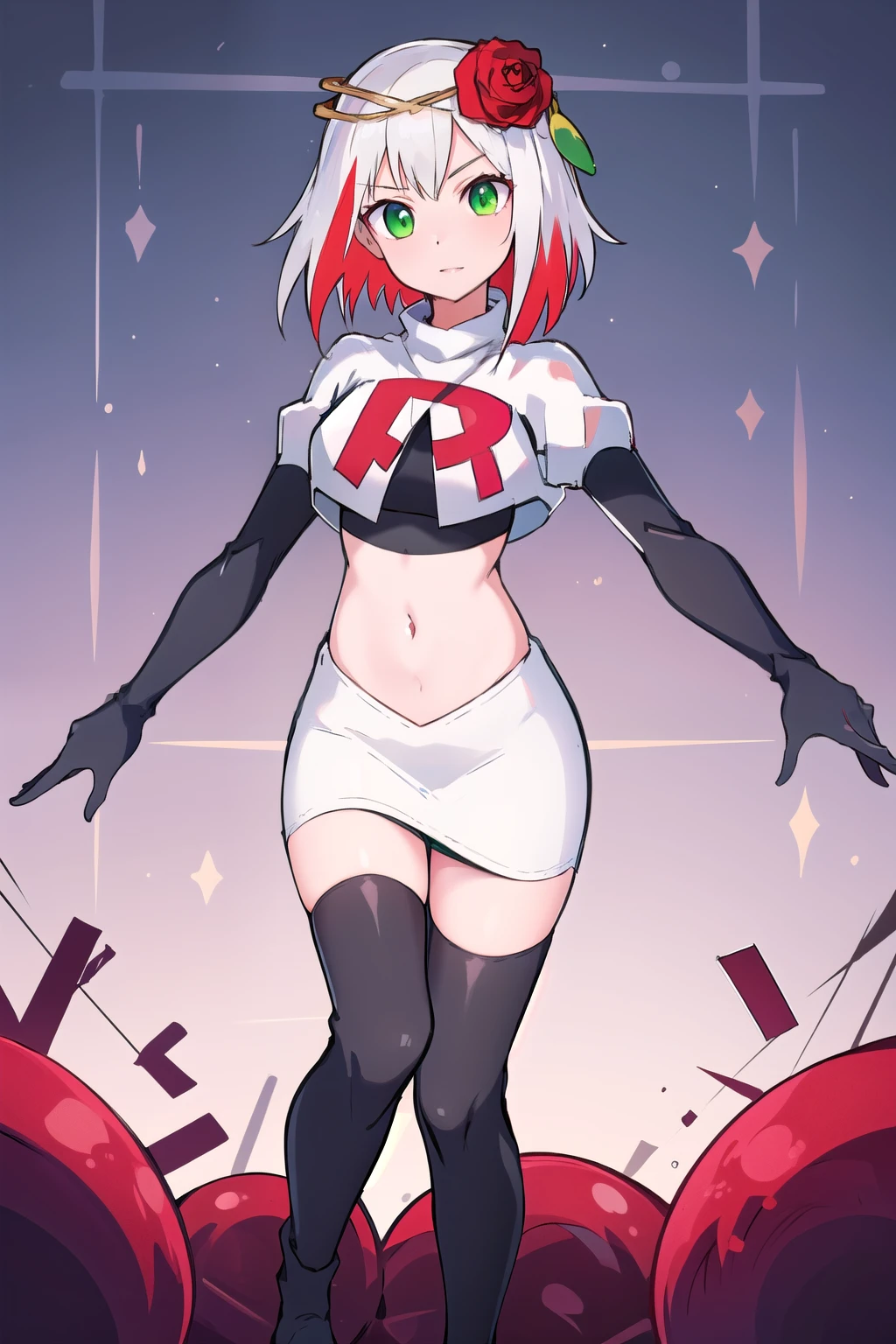 1girl,cosette schneider, Destiny,red flower, hair ornament, red rose, hair flower, short hair, green eyes,multicolored hair,team rocket,team rocket uniform,white skirt,red letter R,crop top,black thigh-highs,black elbow gloves