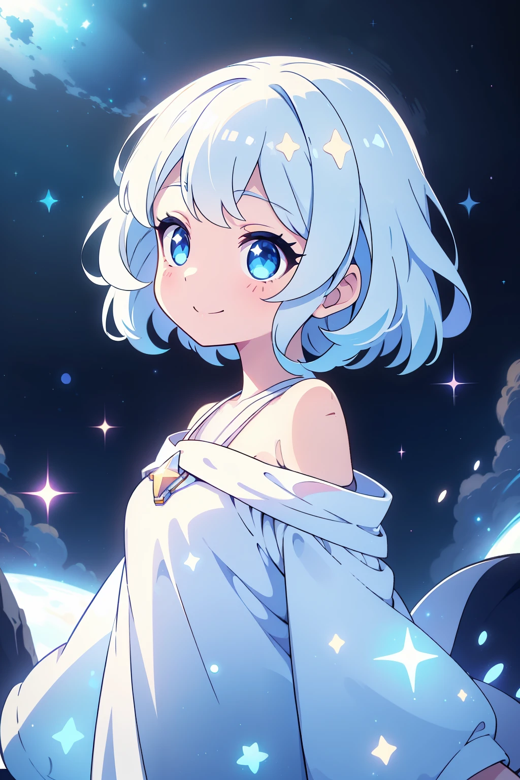 (high-quality, breathtaking),(expressive eyes, perfect face) 1girl, female, solo, short height, long hair length, white hair color, soft wave, bright blue eye color, nebula background, positive expression, cute smile, starry night background, white dress with blue trim, really pale white skin, white hair like starlight, glowing hair, Symmetrical Eye, nebula sky, floating stars bioluminescent water, cowboy shot, off shoulder