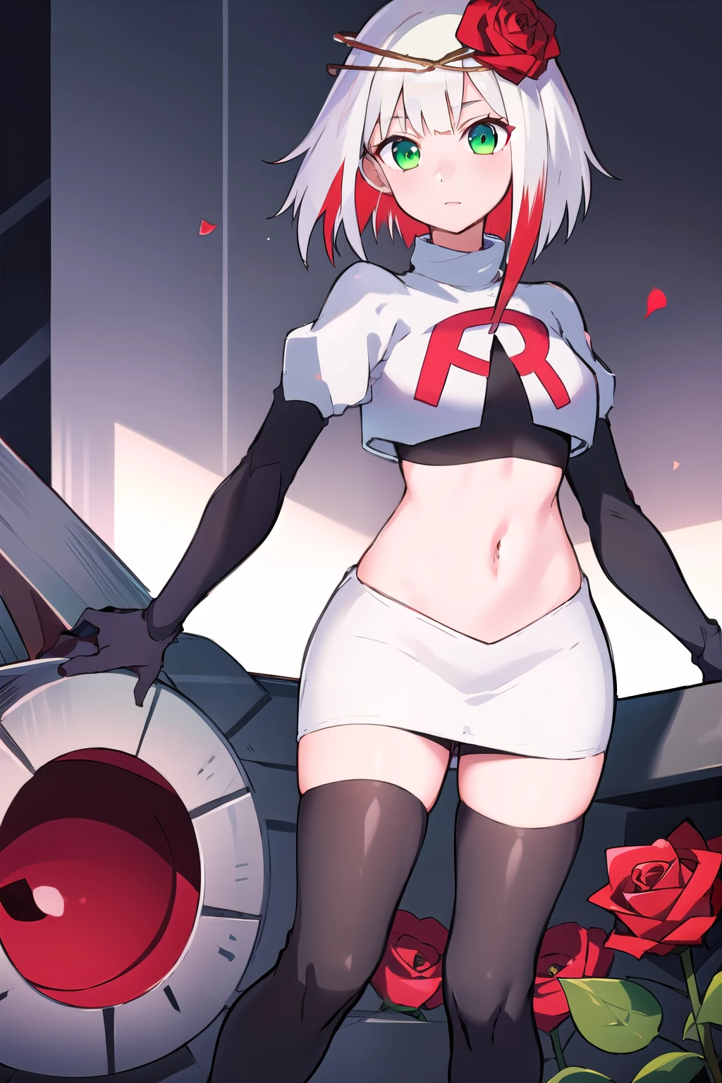 1girl,cosette schneider, Destiny,red flower, hair ornament, red rose, hair flower, short hair, green eyes,multicolored hair,team rocket,team rocket uniform,white skirt,red letter R,crop top,black thigh-highs,black elbow gloves