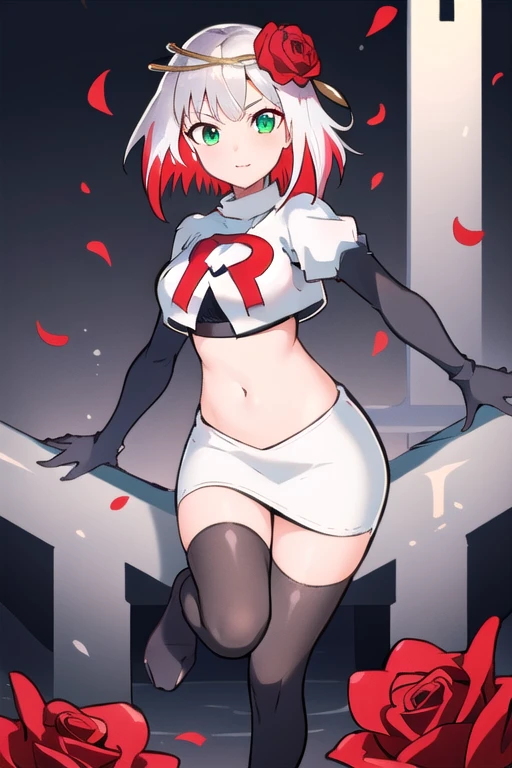 1girl,cosette schneider, Destiny,red flower, hair ornament, red rose, hair flower, short hair, green eyes,multicolored hair,team rocket,team rocket uniform,white skirt,red letter R,crop top,black thigh-highs,black elbow gloves