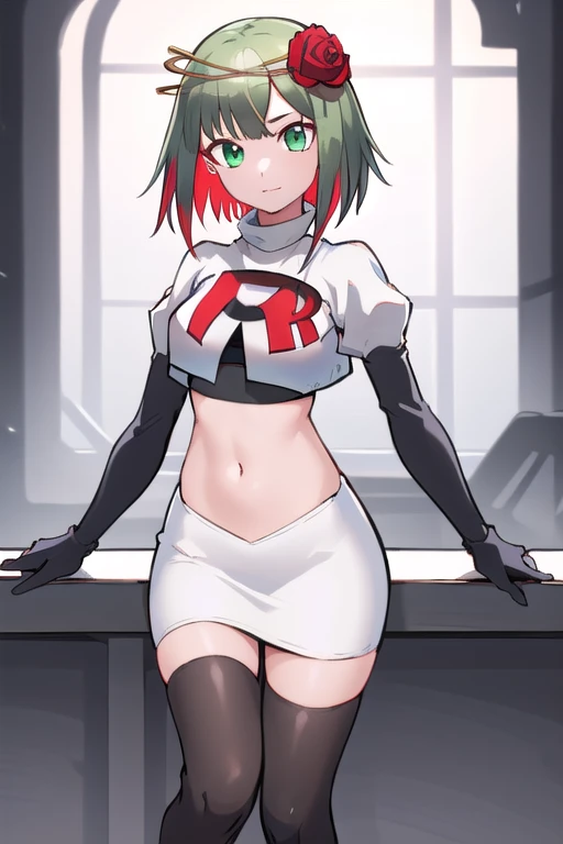 1girl,cosette schneider, Destiny,red flower, hair ornament, red rose, hair flower, short hair, green eyes,multicolored hair,team rocket,team rocket uniform,white skirt,red letter R,crop top,black thigh-highs,black elbow gloves