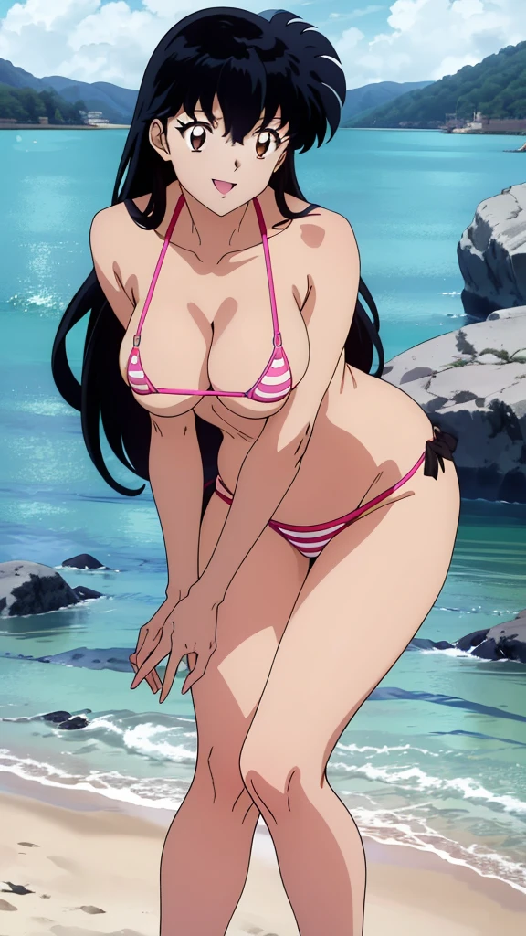 Nico Robin, Slicked back hair, Large Breasts, mature　Take off your clothes　Dark Skin　naked　White micro bikini　Black high heels　　Exposing shoulders　Exposing breasts　Long legs　Sit and spread your legs　Sandy Beach　blush　have a deep kiss with a man　Close ~ eyes　pussyfocus　Squirting from the crotch　Inserting a dildo into a pussy　